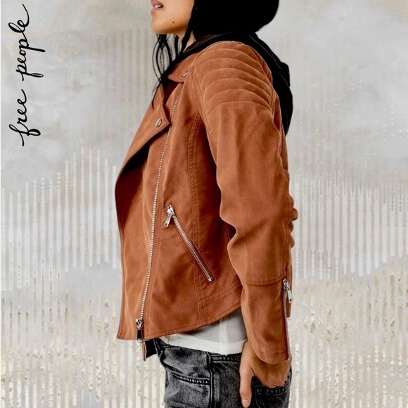 FREE PEOPLE NWT Harriett Moto-Style Brown Vegan Suede, Black Hood Jacket/Md - Picture 4 of 16